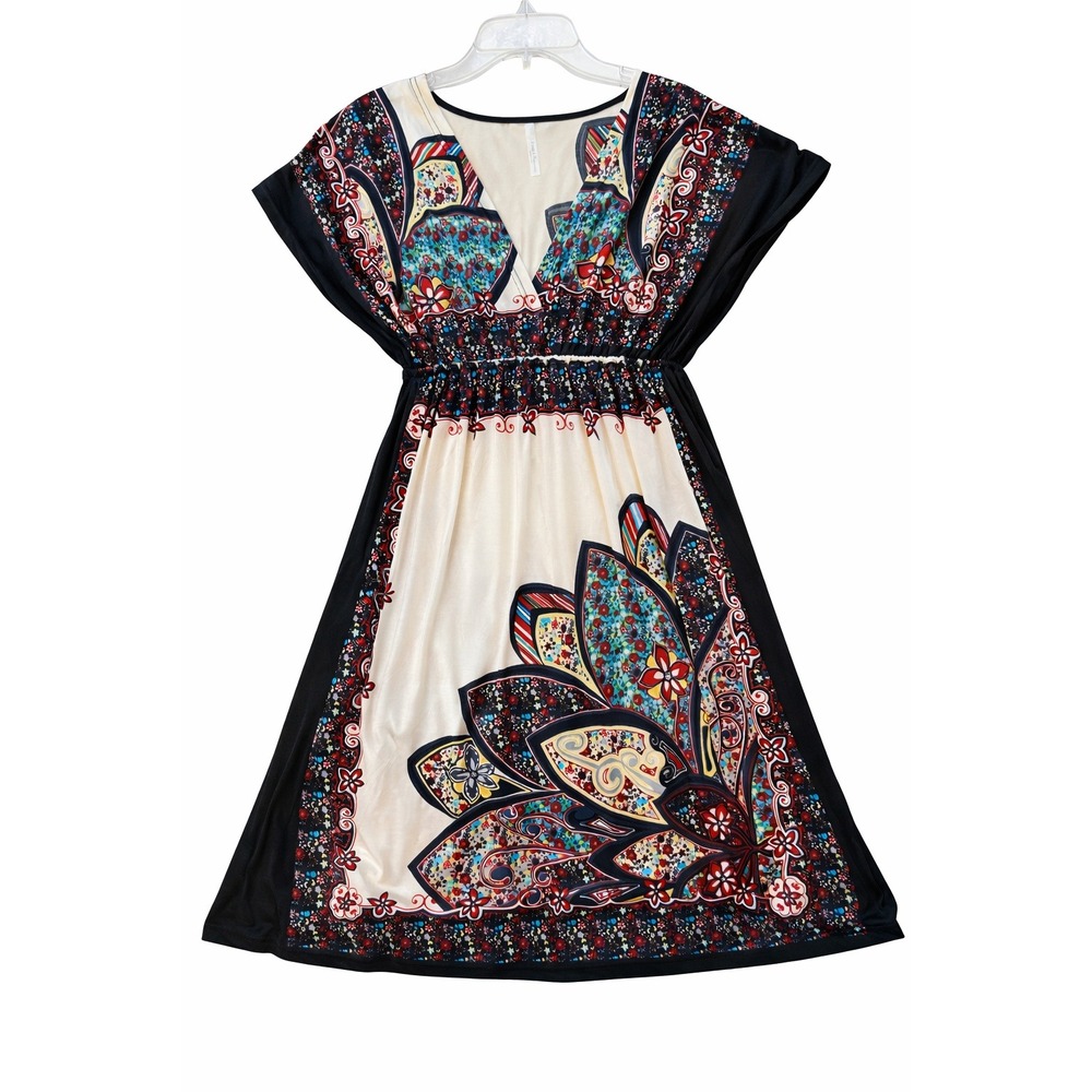 India Beautiful Boho V-Neck Elastic Waist Paisley Floral Vibrant Mini Dress M‎ - Picture 3 of 4